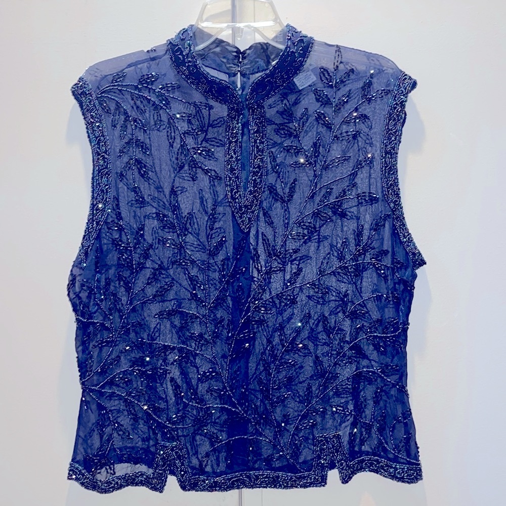 JasJas Brand New With Tags Attached Navy Hand Beaded Sleeveless Blouse Size XL